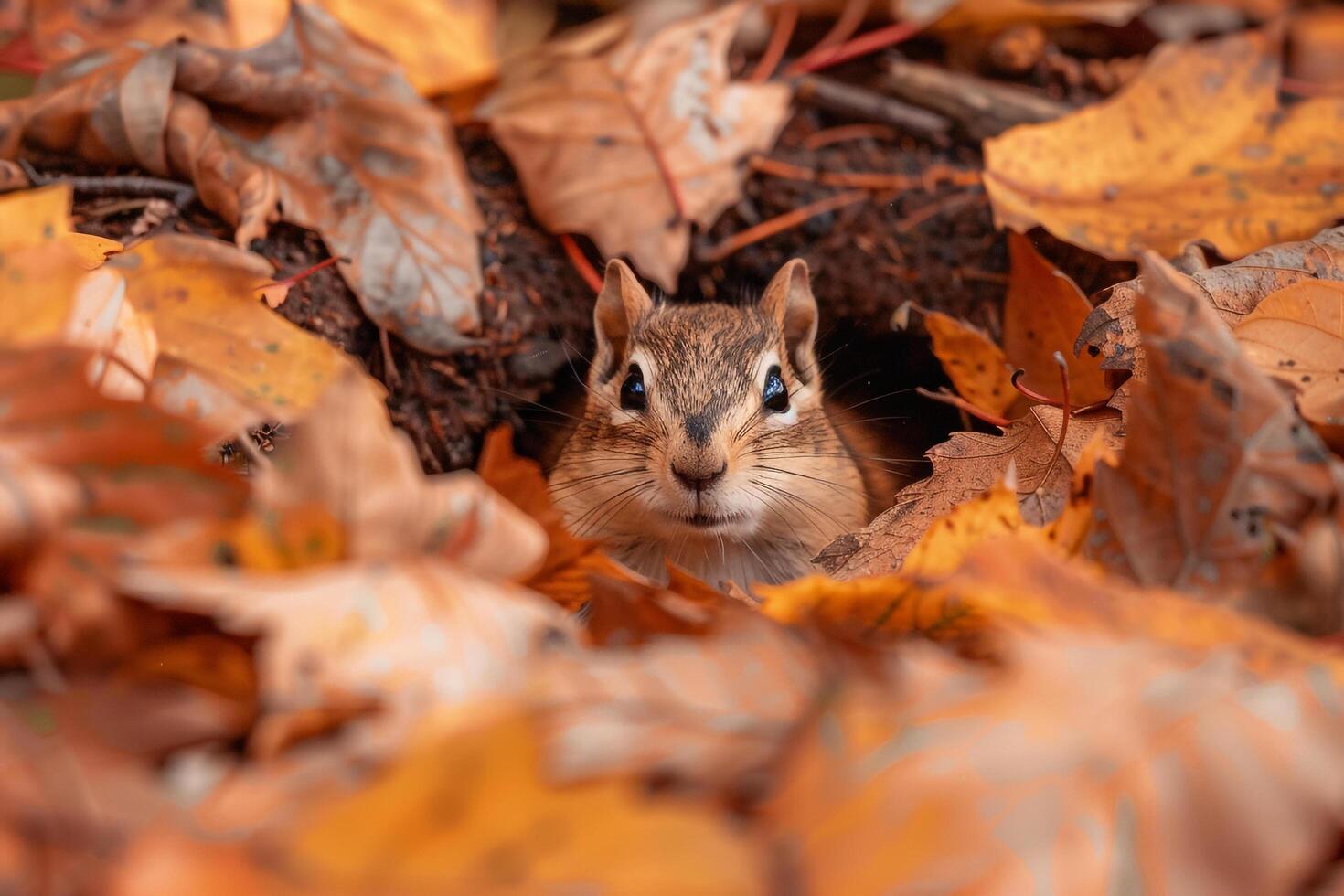 Chipmunk peeking out from hole in leaves background photo