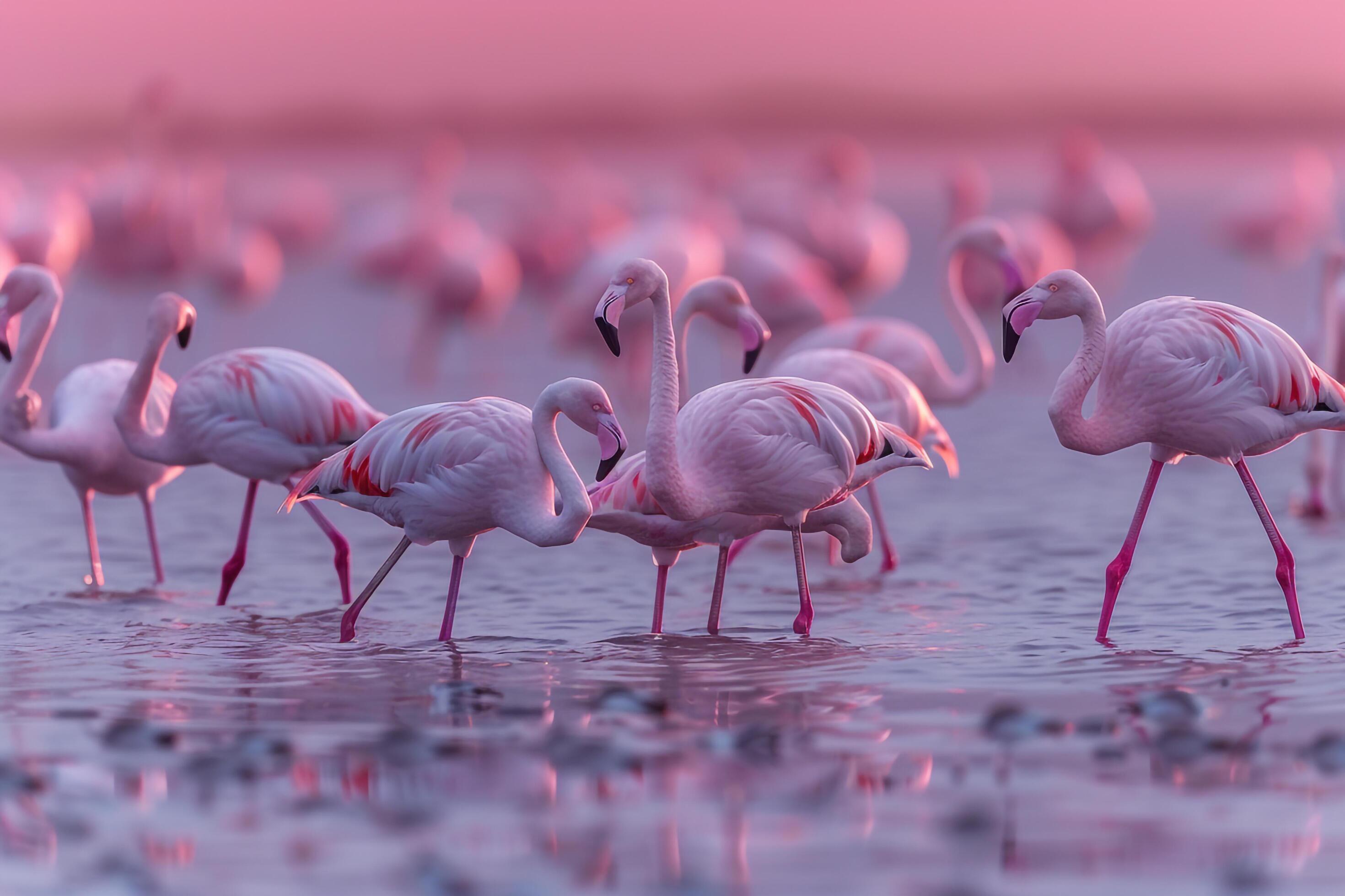a flock of pink flamingos standing in shallow water, background 48130772 Stock Photo at Vecteezy