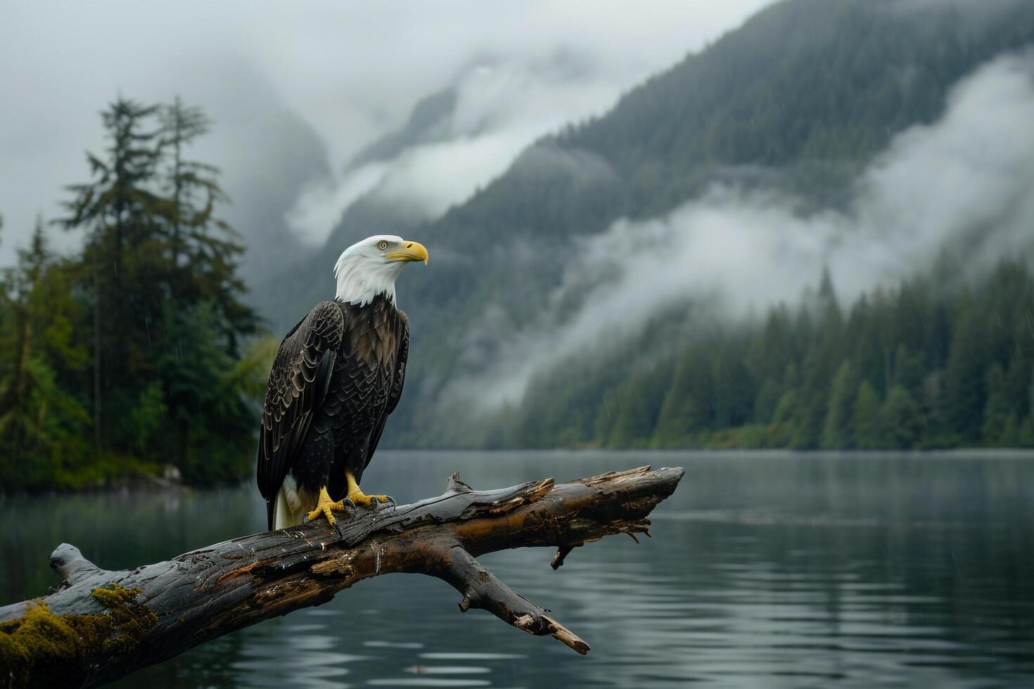 a bald eagle sits on a branch in front of a lake, background photo