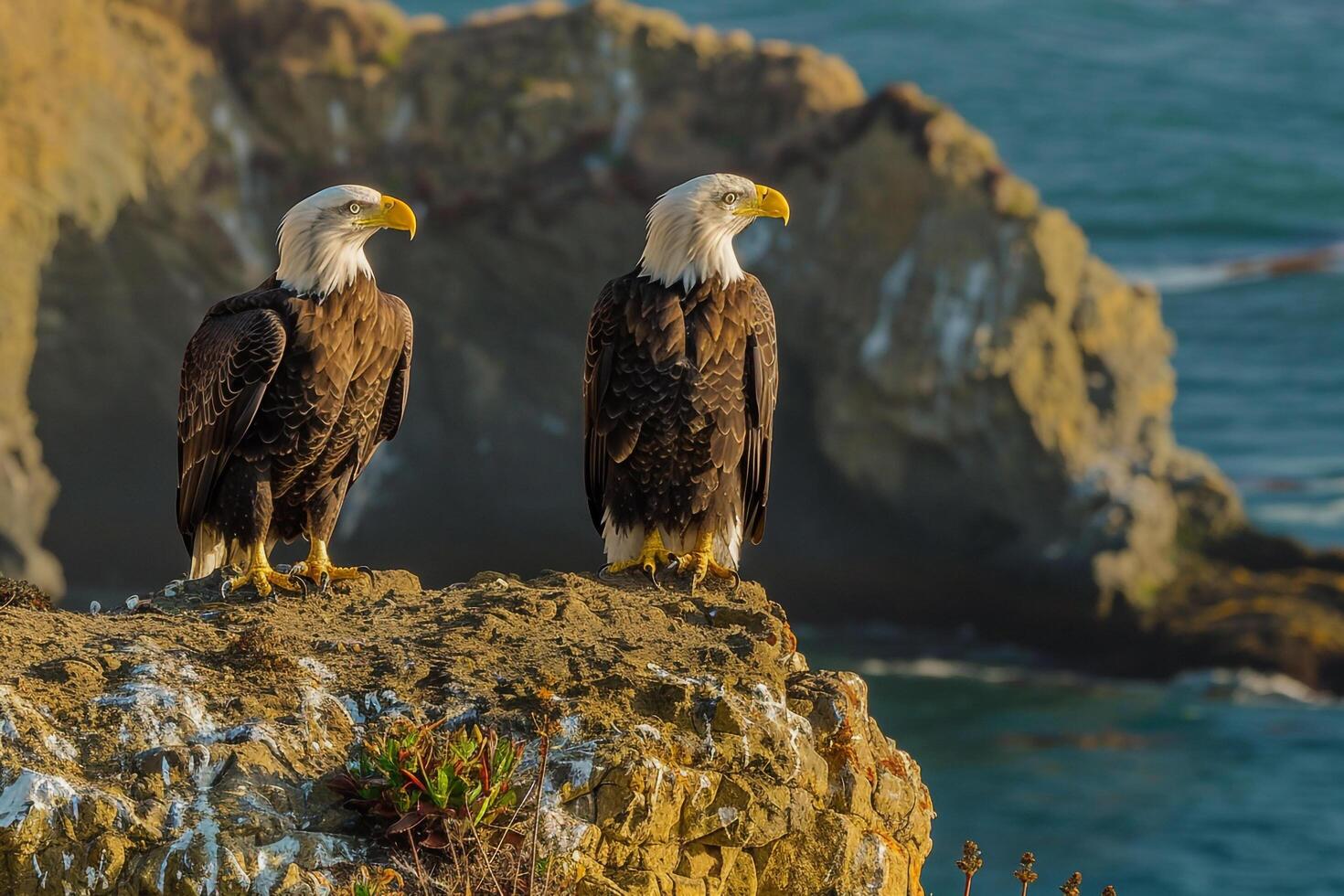 two bald eagles perched on a cliff overlooking the ocean, background photo