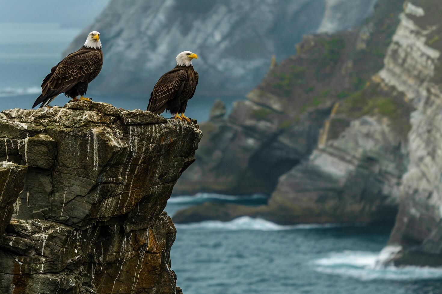 two bald eagles perched on a cliff overlooking the ocean, background photo