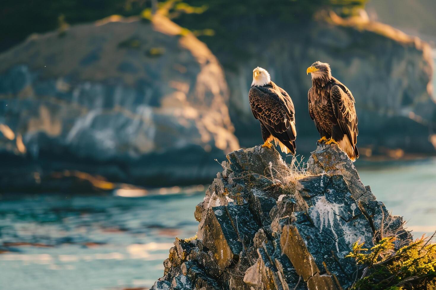 two bald eagles perched on a rock overlooking the ocean, background photo