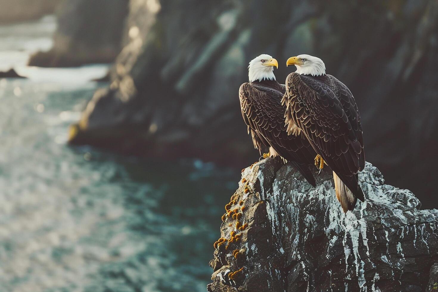 two bald eagles perched on a rock overlooking the ocean, background photo