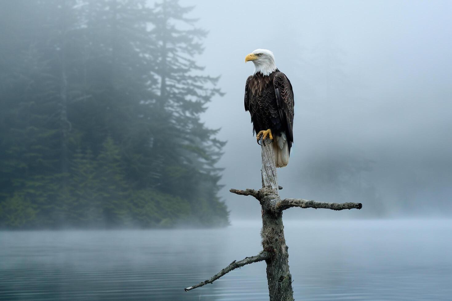 Bald eagle perched on a tree branch in the fog background photo