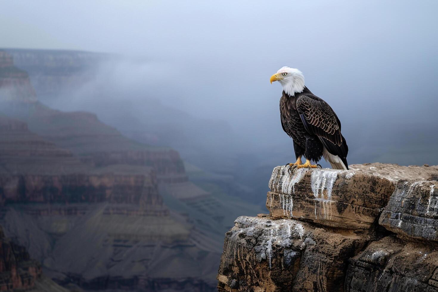 Bald eagle perched on a cliff overlooking the Grand Canyon background photo