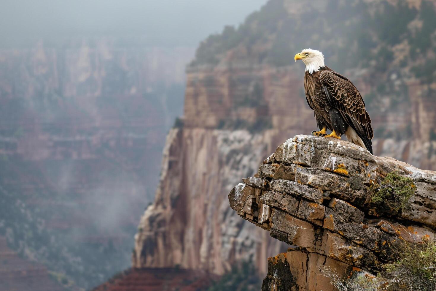 Bald eagle perched on a rock overlooking a canyon background photo