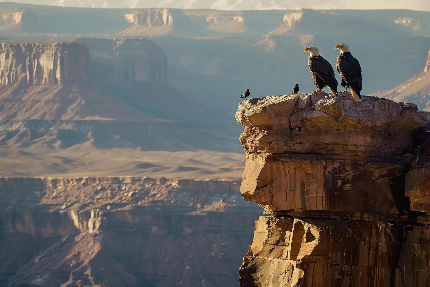 Two bald eagles perched on the edge of a cliff background photo