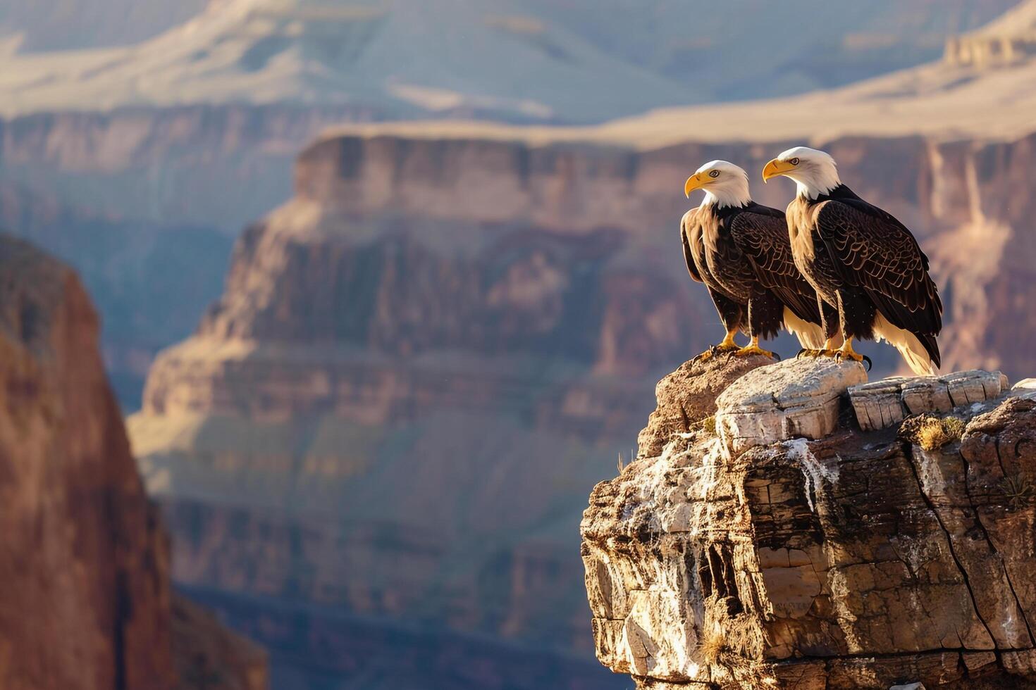 Two bald eagles perched on a cliff overlooking the Grand Canyon background photo