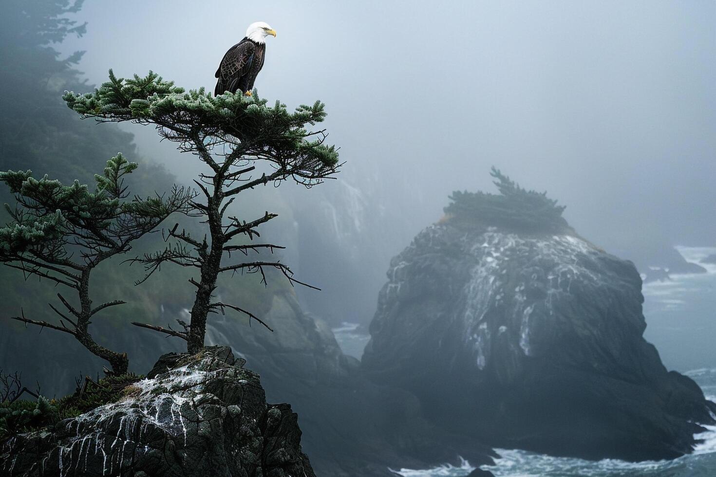 Bald eagle perched on a tree in front of the ocean background photo