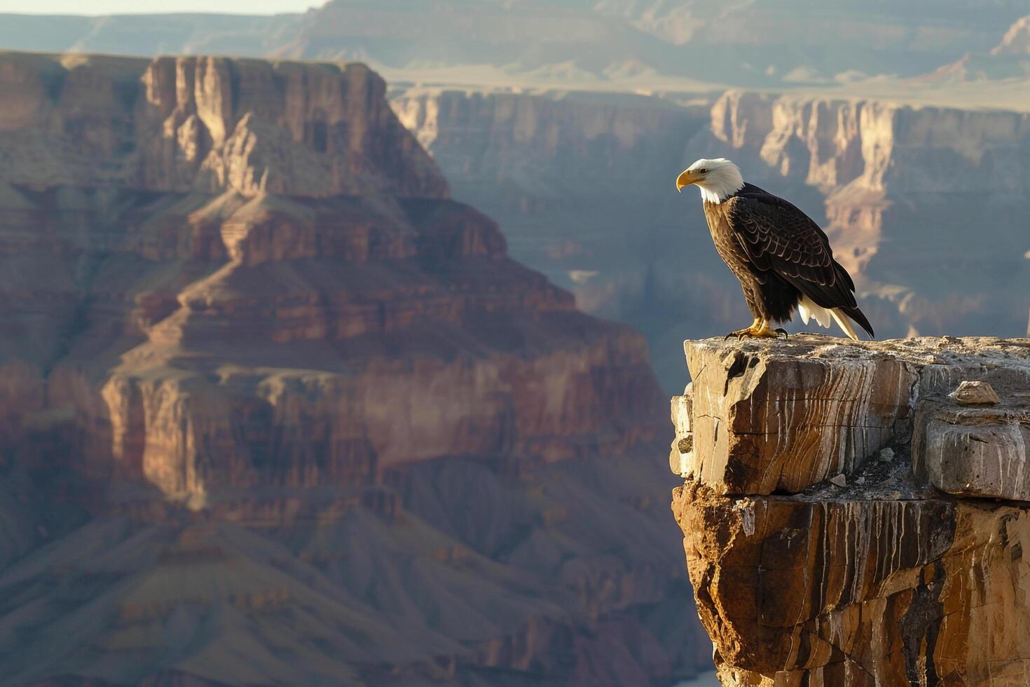 Bald eagle perched on a cliff overlooking the Grand Canyon background photo