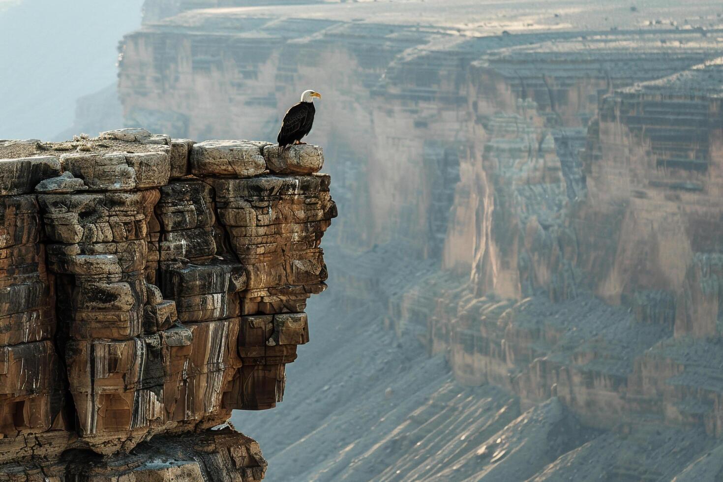 Bald eagle perched on a cliff overlooking the Grand Canyon background photo