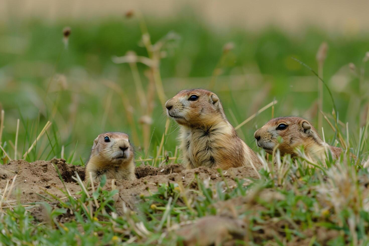 Three Prairie Dogs Sitting in Grass Background photo