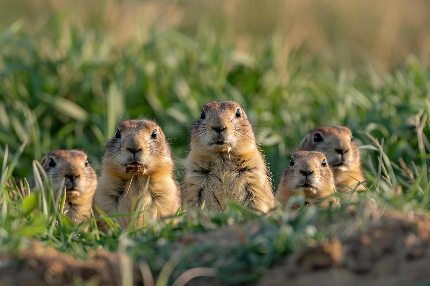 Group of Ground Squirrels Sitting in Grass Background photo