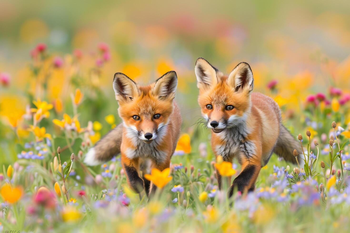 Two Foxes in Field of Wildflowers Background photo
