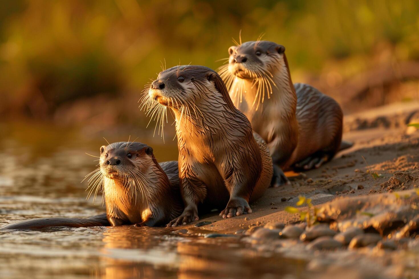 Three Otters Sitting on Shore of River Background photo