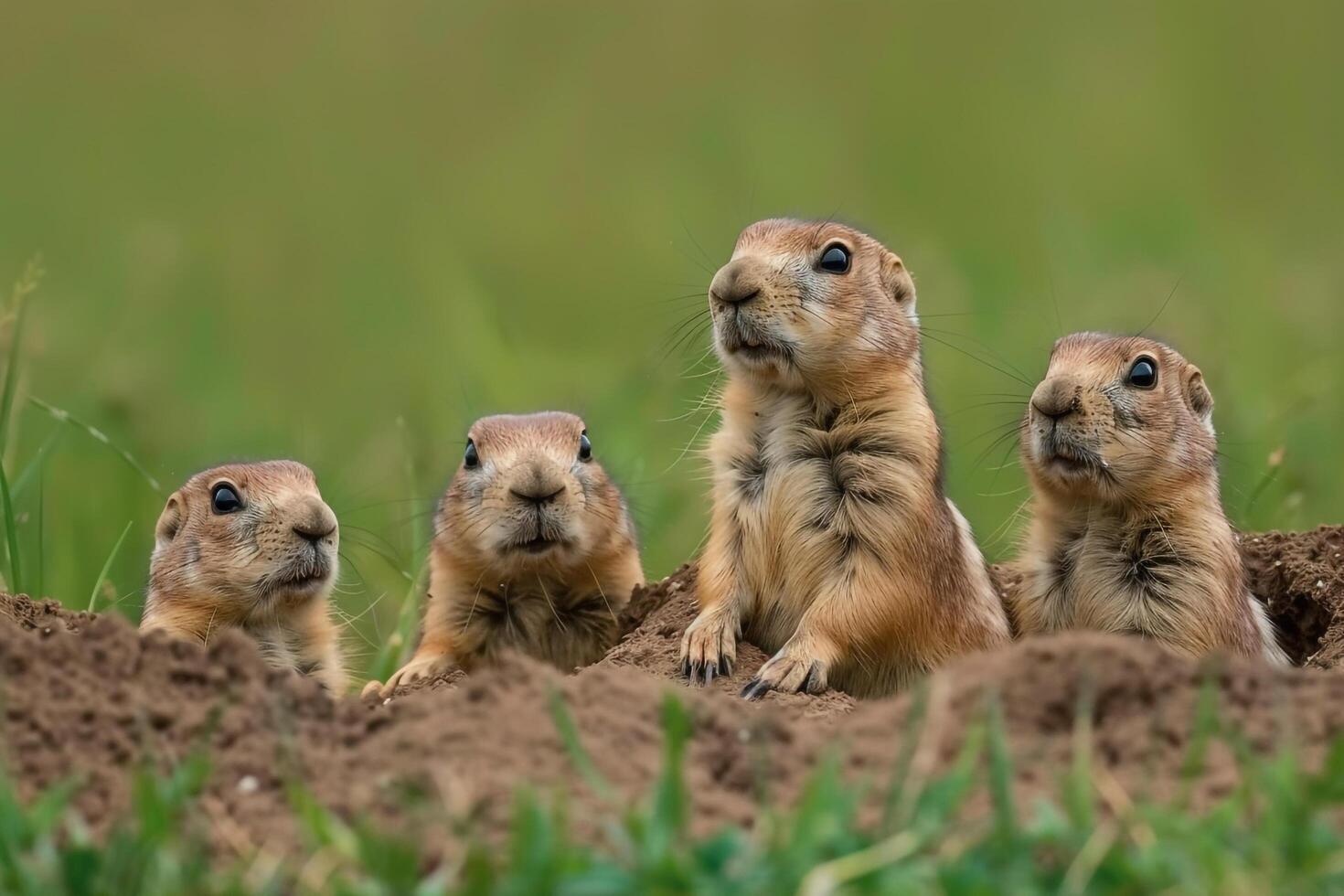 Four Ground Squirrels Sitting in Dirt Background photo