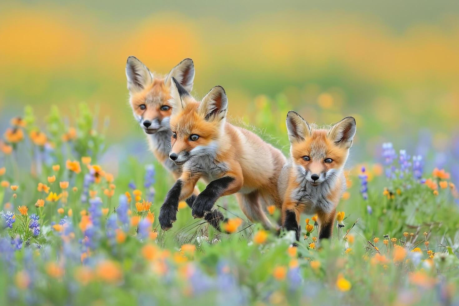 Two Foxes Running Through a Field of Wildflowers Background photo