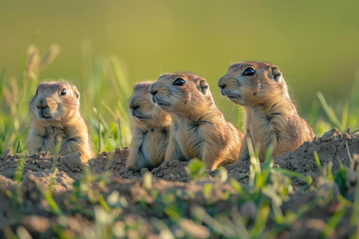 Four ground squirrels sitting in the grass background photo