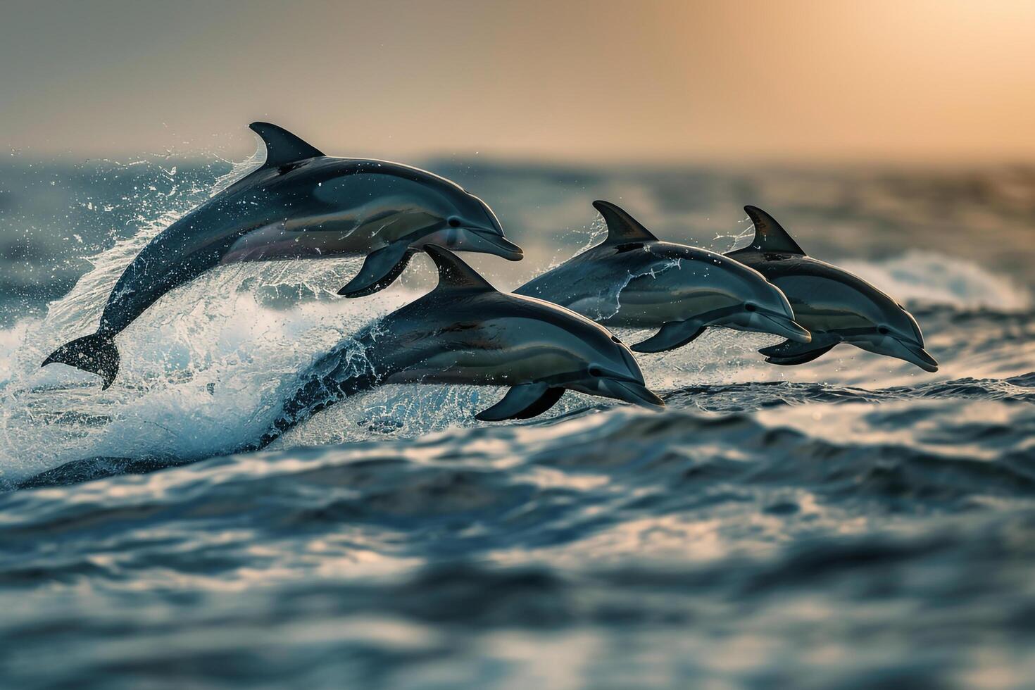 Dolphins jumping in the ocean at sunset background photo