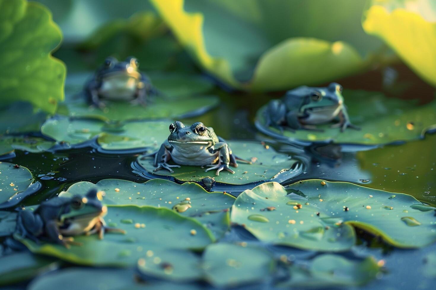 Frogs on lily pads in pond background photo