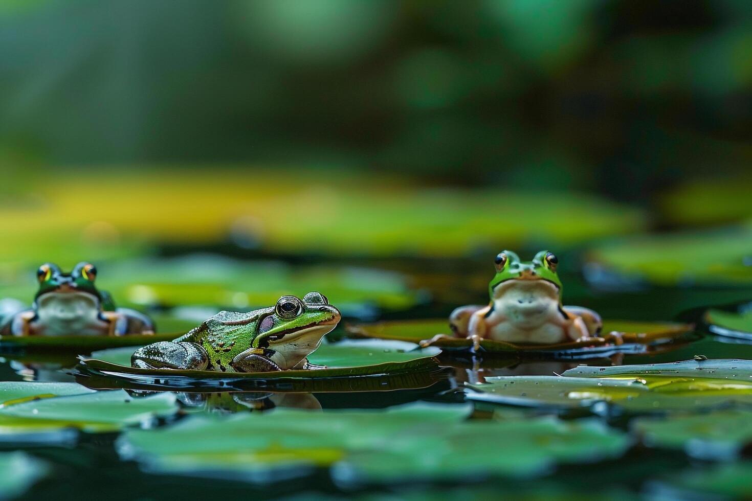 Four frogs sitting on top of lily pads background photo
