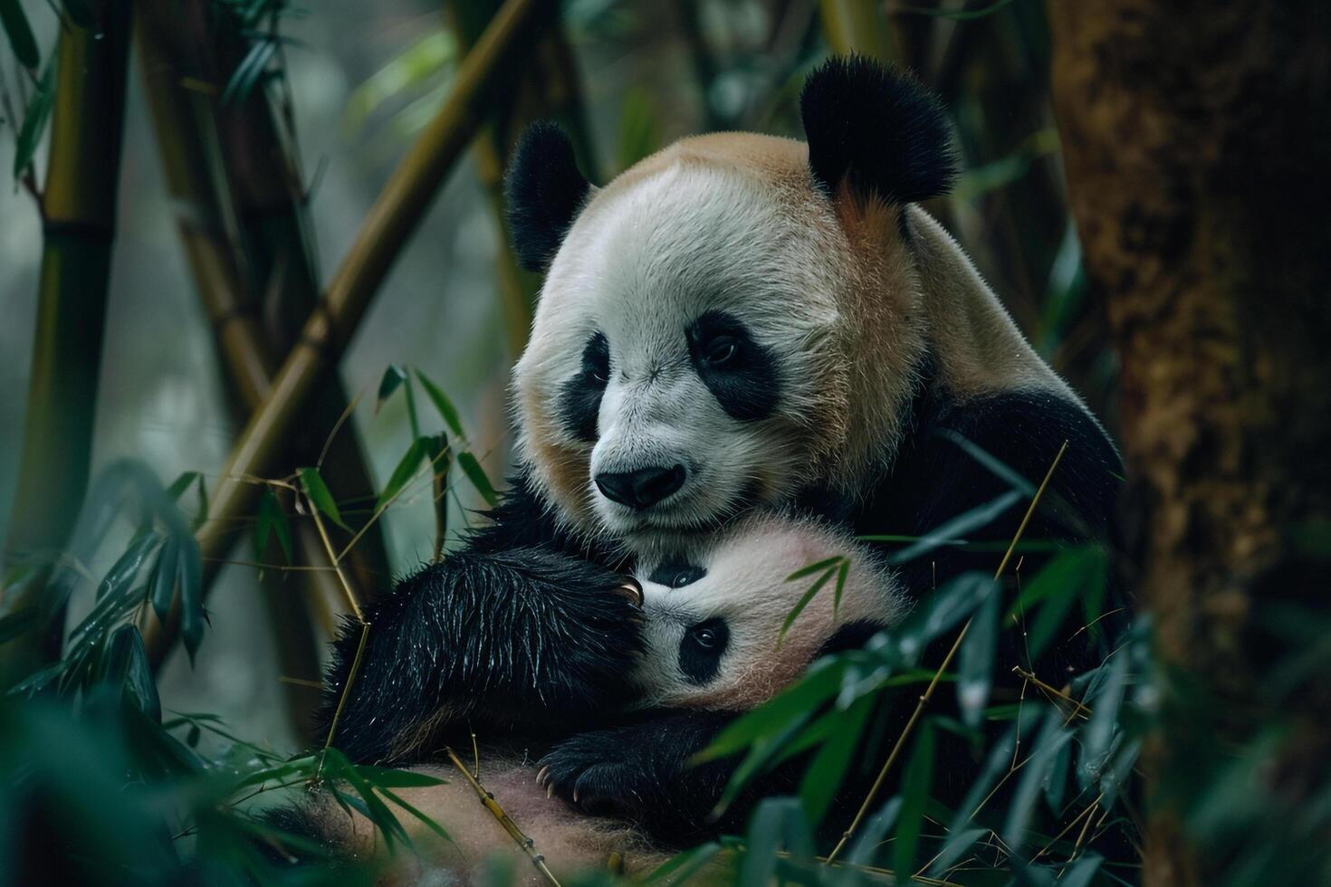 Panda bear and her baby in the bamboo forest background photo