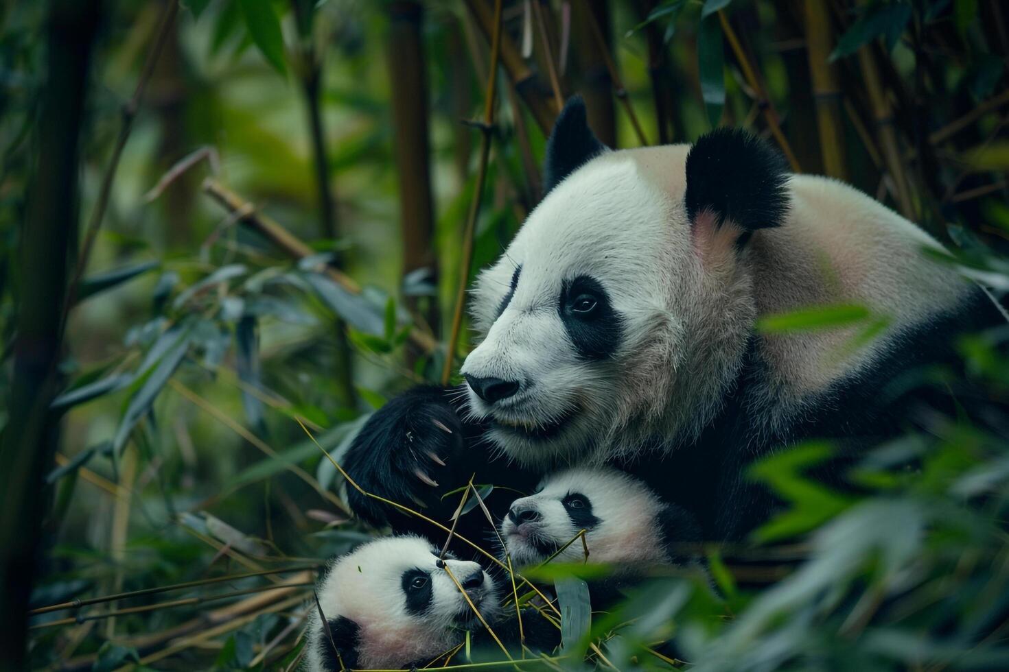 Panda bear with her cubs in the bamboo forest background photo