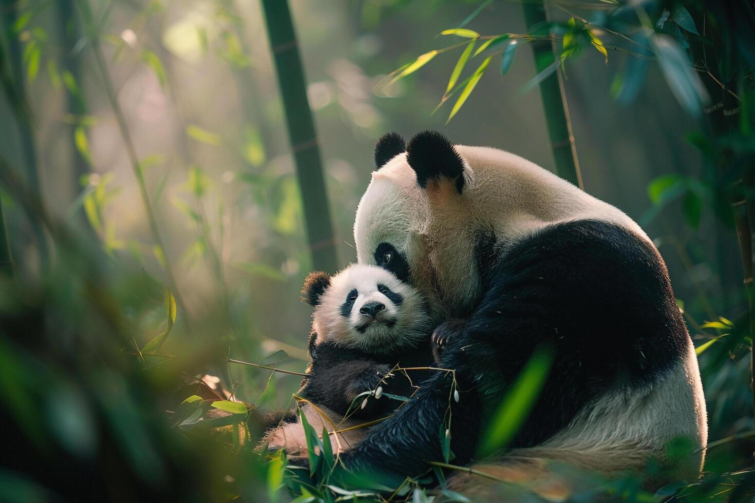 Panda bear and her baby in the bamboo forest background photo