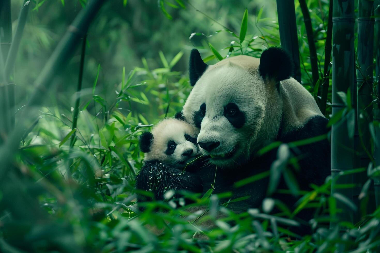 Panda bear and her cub in the bamboo forest background photo