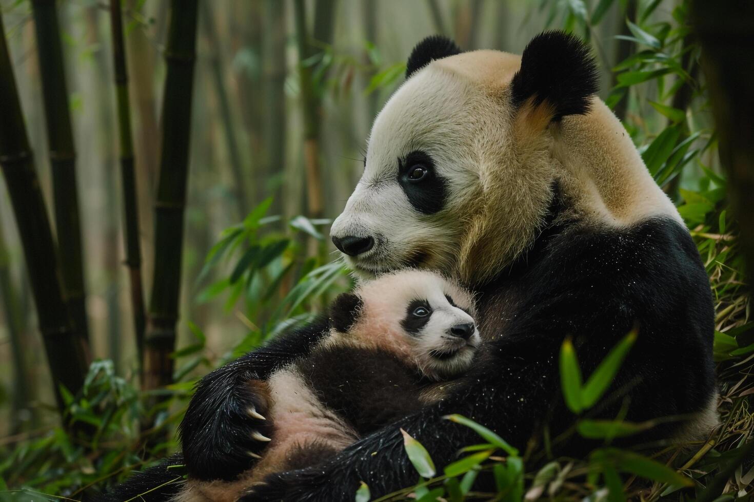 Panda bear and her cub in the bamboo forest background photo