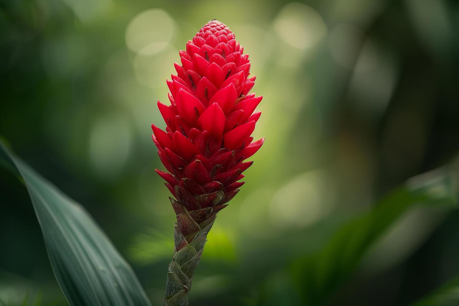 Red Flower Growing in Middle of Green Plant Background photo