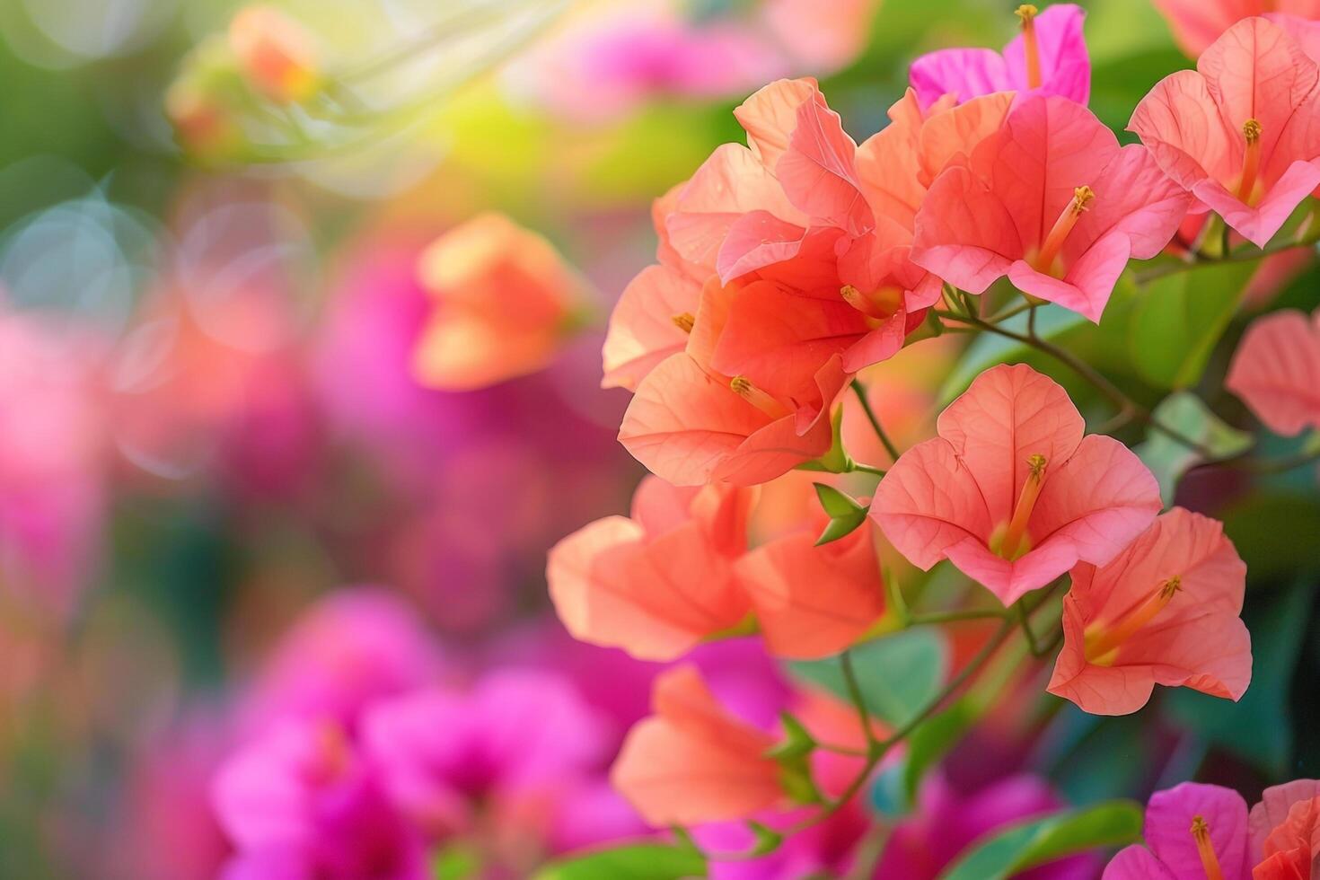 Orange Flowers in Garden with Bright Green Leaves Background photo