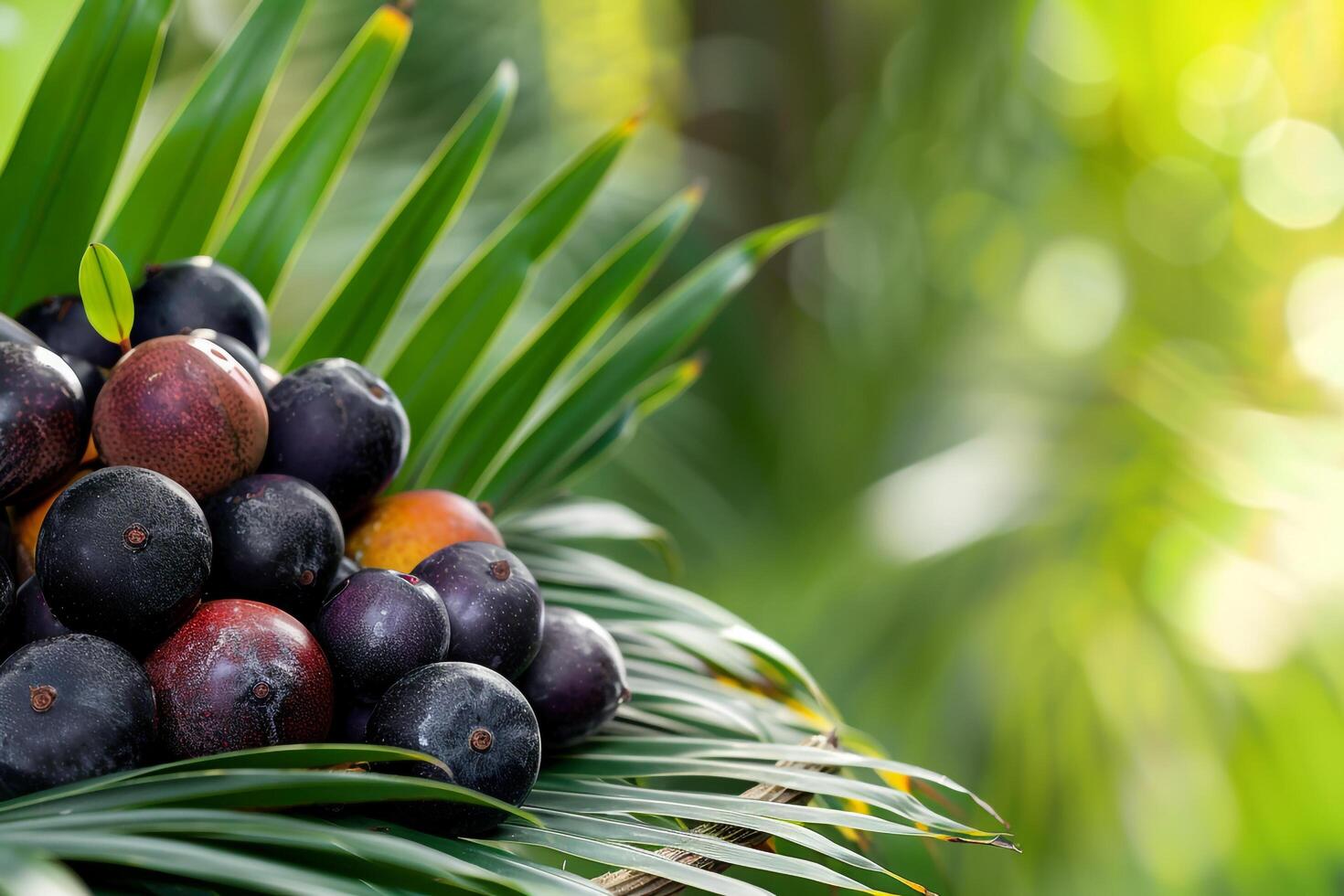 Ripe Fruits Basket Green Leaf Background photo