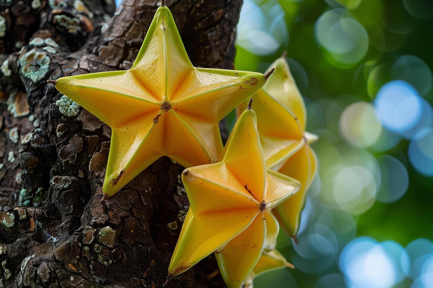 three yellow star shaped fruit on a tree photo