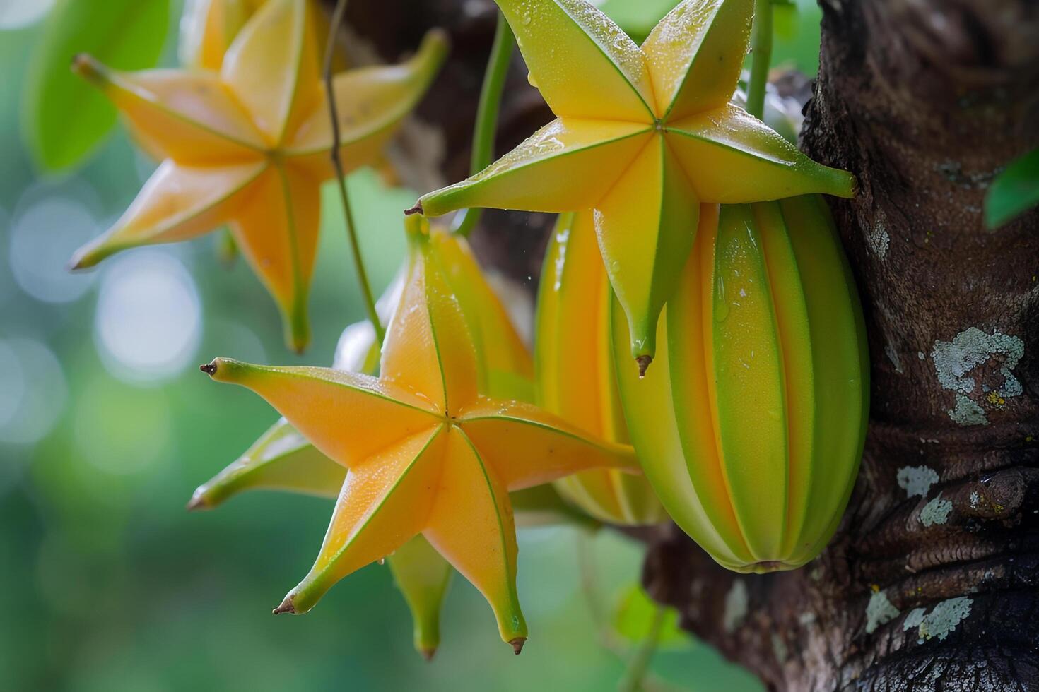 a bunch of yellow and orange star shaped fruits hanging from a tree photo