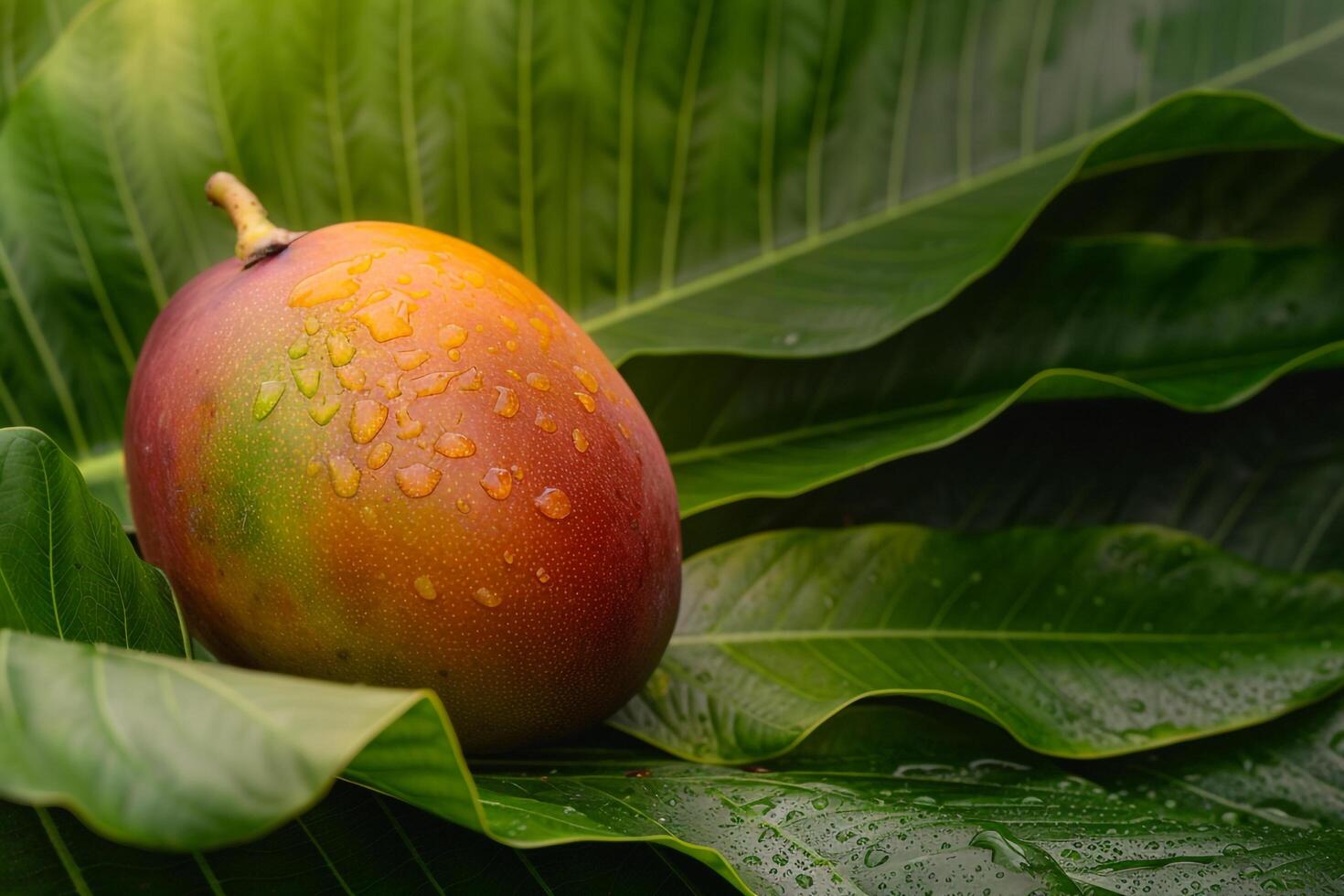 a mango is sitting on a leaf with water drops photo