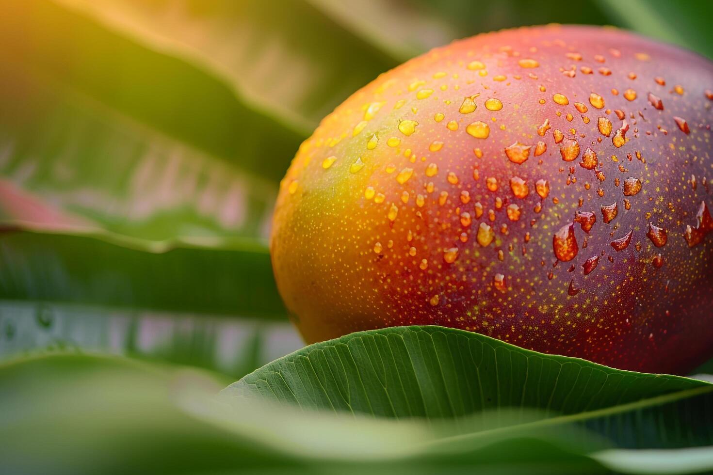 a mango is sitting on a leaf with water droplets photo