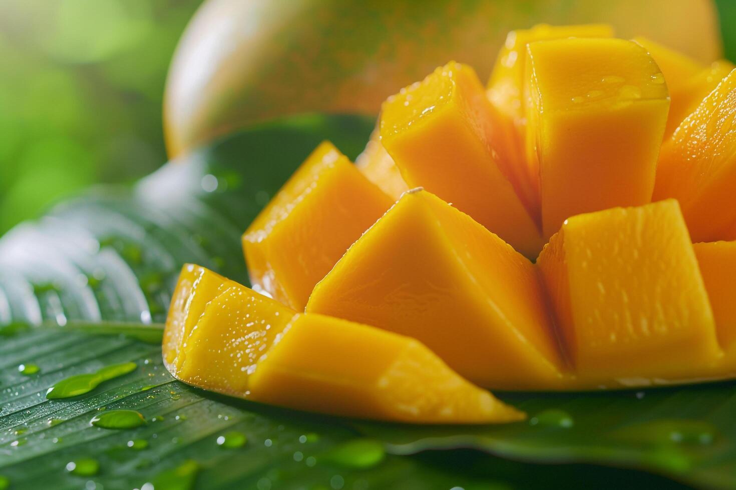 a mango is cut into pieces on a leaf photo