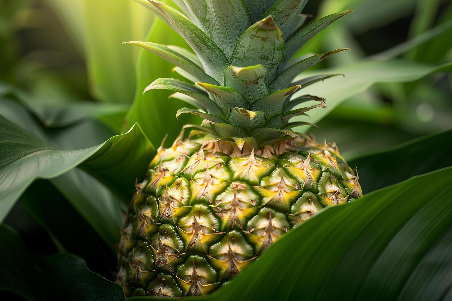 a pineapple is sitting in the middle of a green plant photo