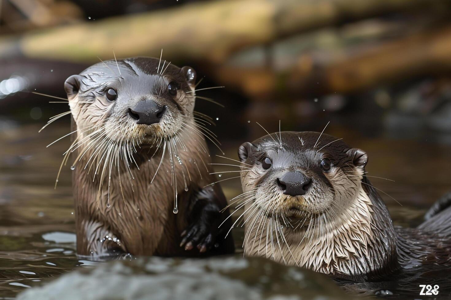 Two Otters Are in the Water and Looking at the Camera, nature background photo