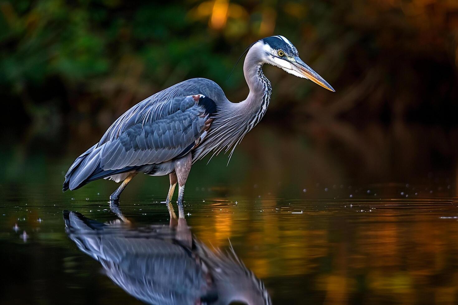 A heron standing in the water with its reflection and background photo