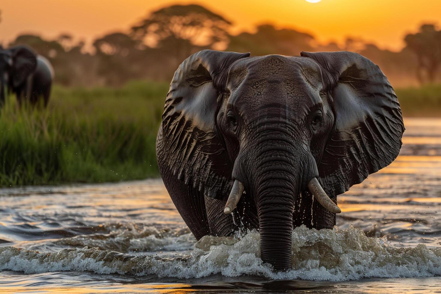 An elephant crossing the river at sunset background photo