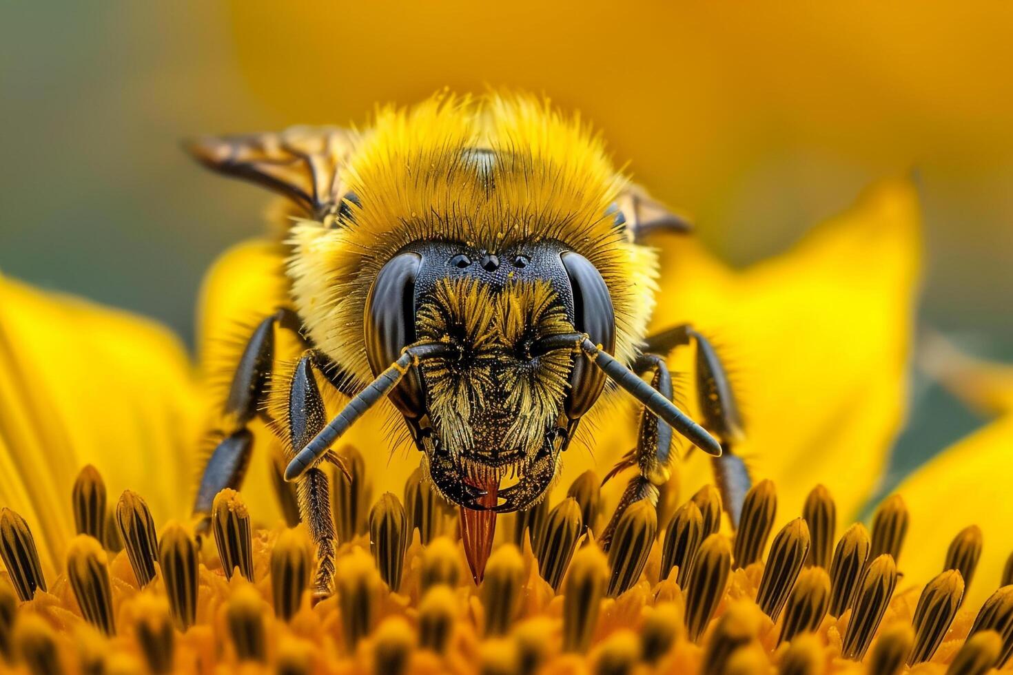 Bee sitting on a yellow flower, background photo