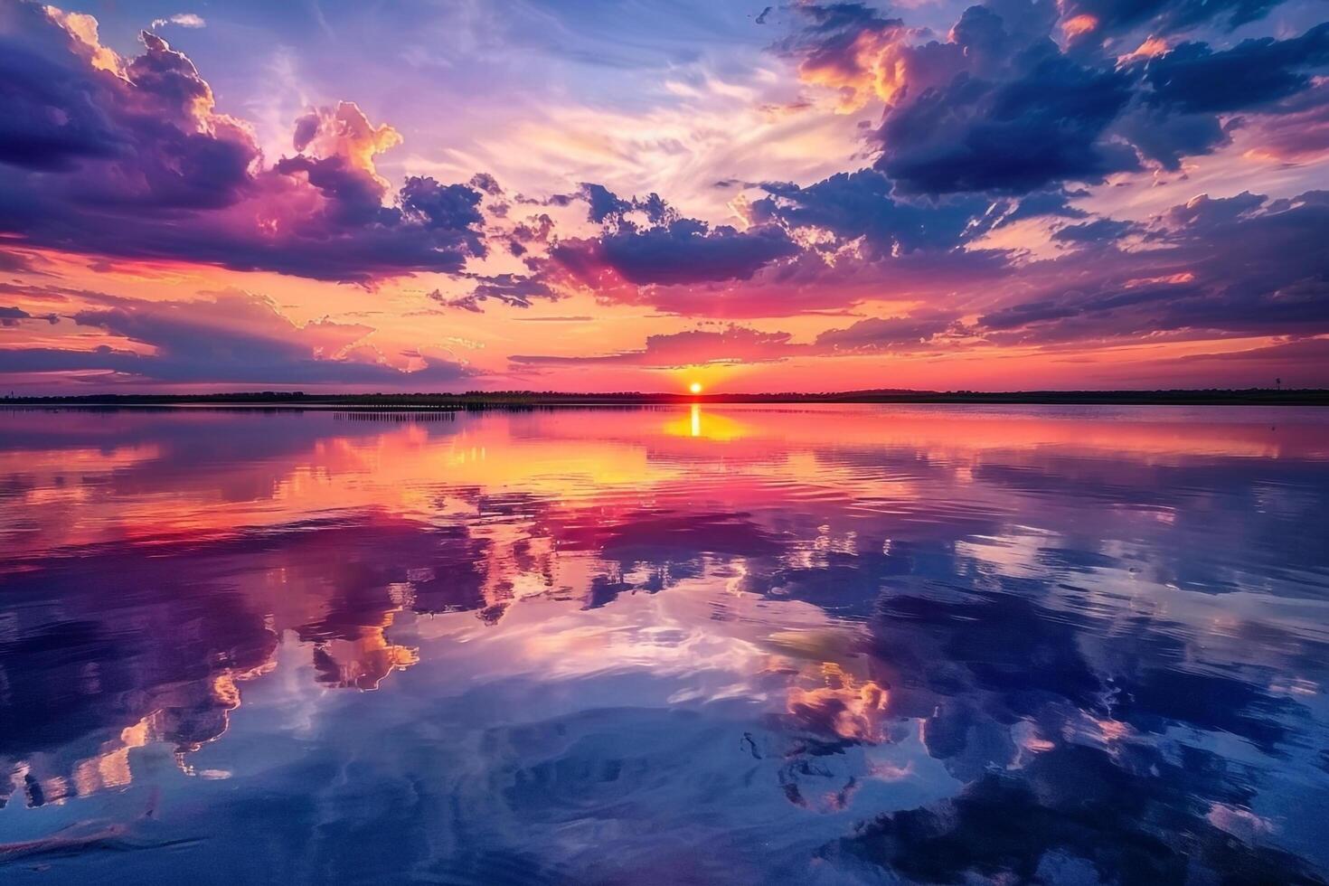 Colorful Sunset over Lake with Clouds Reflected in Water Background photo