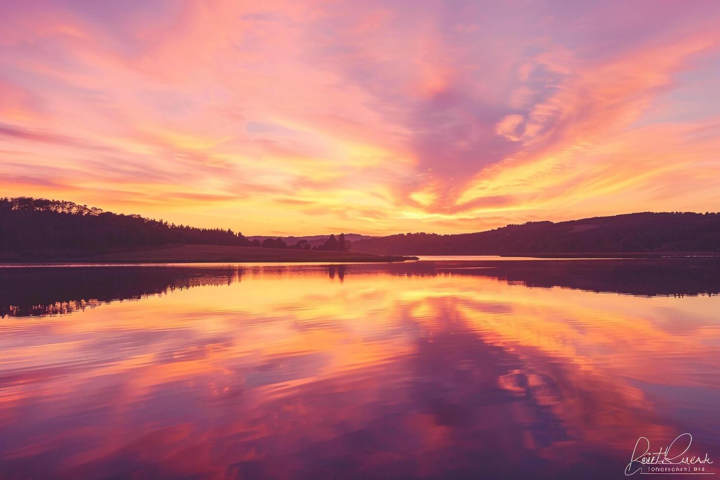 Colorful Sunset over Lake with Clouds Reflected in Water Background photo