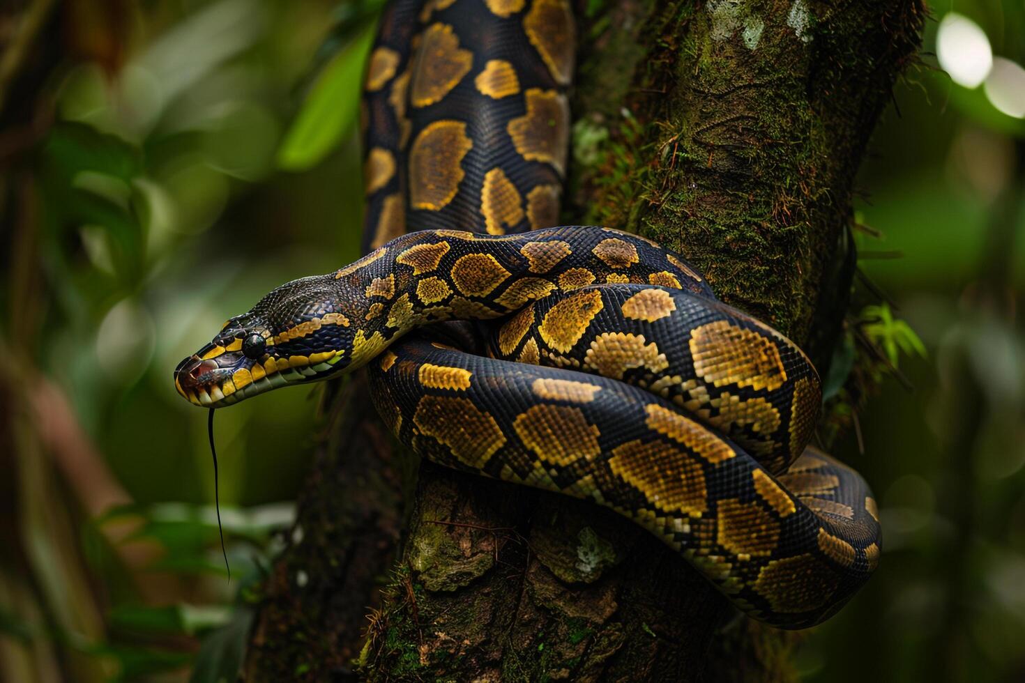 Large Yellow and Black Snake on Tree in Jungle Background photo