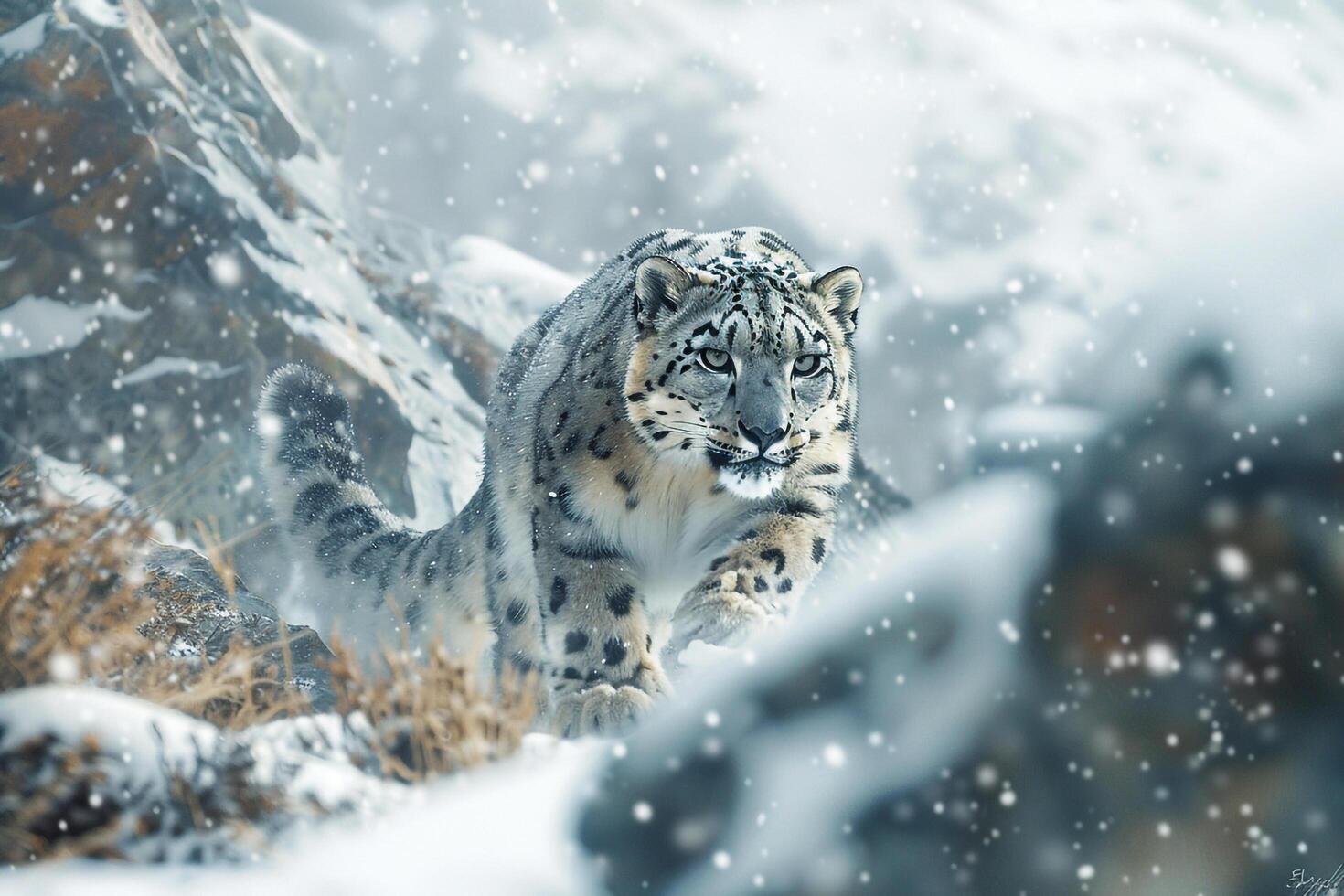 Snow Leopard Sitting on Rock in Arctic Wilderness Background photo