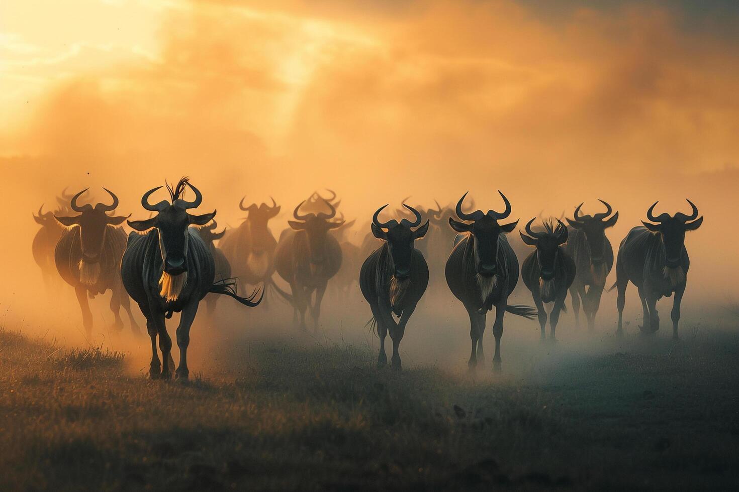 Herd of Wildebeest Running in African Wilderness Background photo