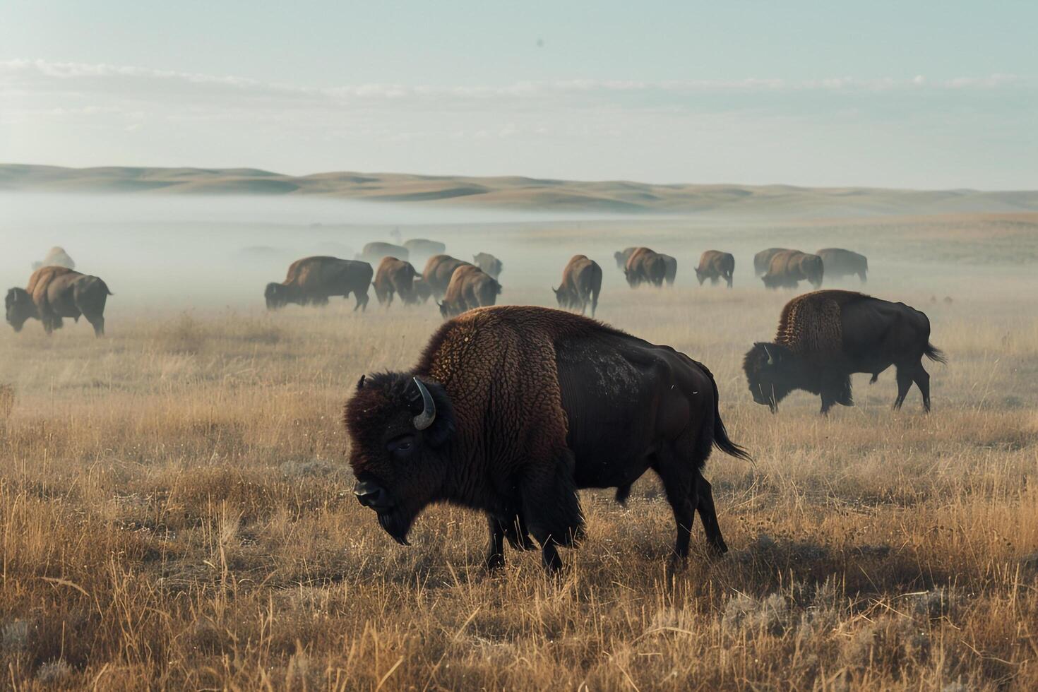 Herd of Bison in Field with American Prairie Background photo