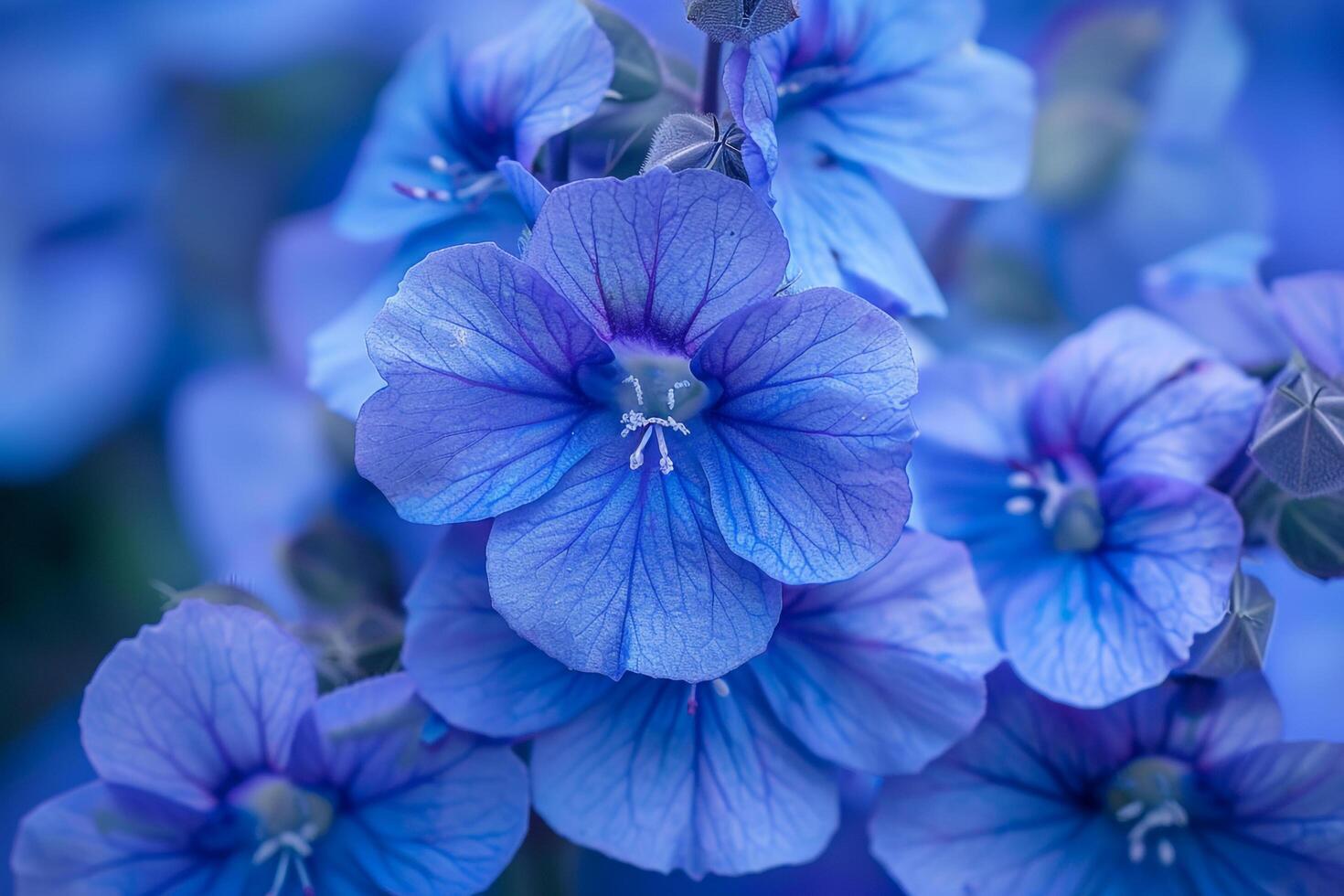 a  of blue flowers with green leaves photo